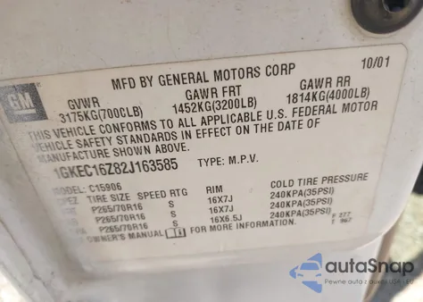 2002 GMC Yukon Xl 1500 Slt z USA, uszkodzony, nr VIN 1GKEC16Z82J163585